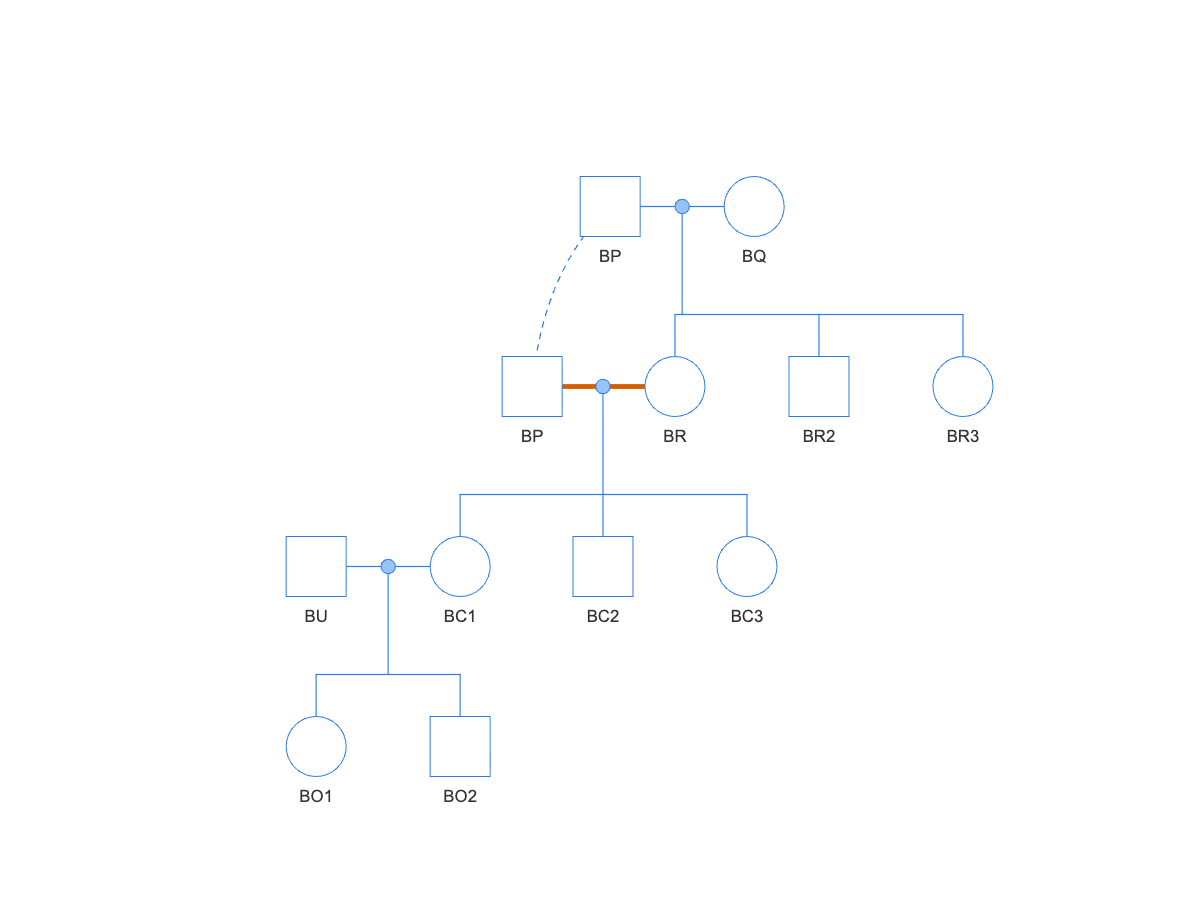 Pedigree diagram of a parent-offspring backcross: founders BP and BQ at top; BP appears a second time in the next row, joined to his first occurrence by a curved dashed line, with a thick vermillion mate-line to his daughter BR; their children BC1, BC2, and BC3 below; BC1 mates unrelated BU with children BO1 and BO2 at bottom.