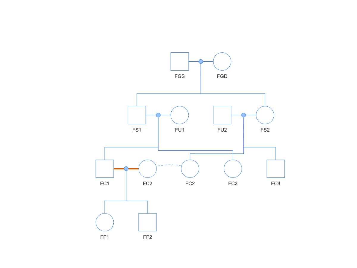 Pedigree diagram of a first-cousin mating: founders FGS and FGD at top; their full-sibling children FS1 and FS2 each mate an unrelated founder in the second row; in the third row a thick vermillion mate-line joins the cousins FC1 and FC2, with FC2 appearing twice joined by a curved dashed line; their children FF1 and FF2 at bottom.
