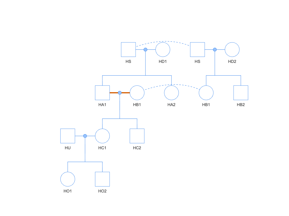 Pedigree diagram of a half-sibling mating: sire HS appears twice at top, once with dam HD1 and once with dam HD2, the two occurrences joined by a curved dashed line; in the second row a thick vermillion mate-line joins HA1 to HB1, who also appears twice; their children HC1 and HC2 below; HC1 mates unrelated HU with children HO1 and HO2 at bottom.