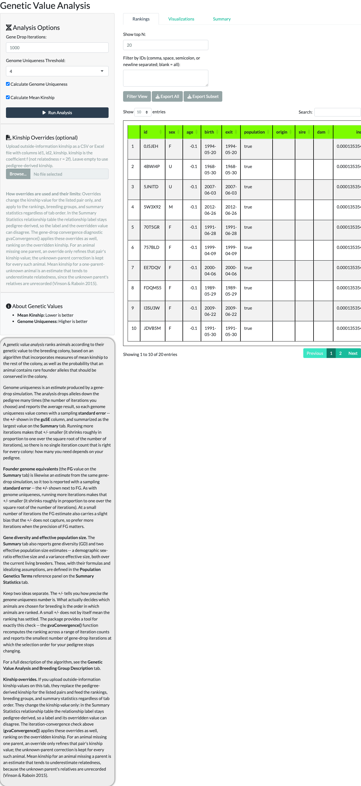 Genetic Value Analysis results table showing the top-ranked animals by genetic value.
