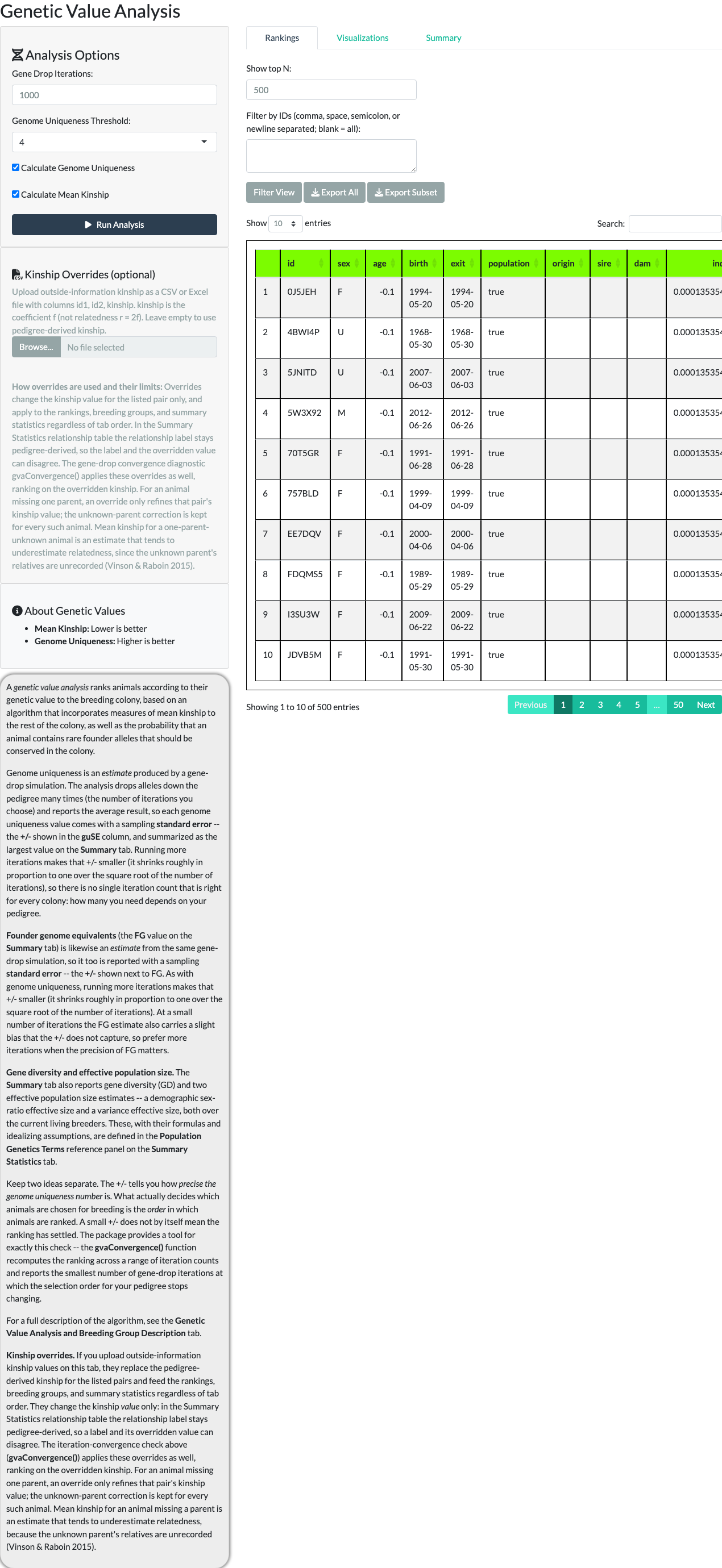 Genetic Value Analysis results table widened to 500 rows, showing the transition from High Value to Low Value and Undetermined animals sorted to the bottom.