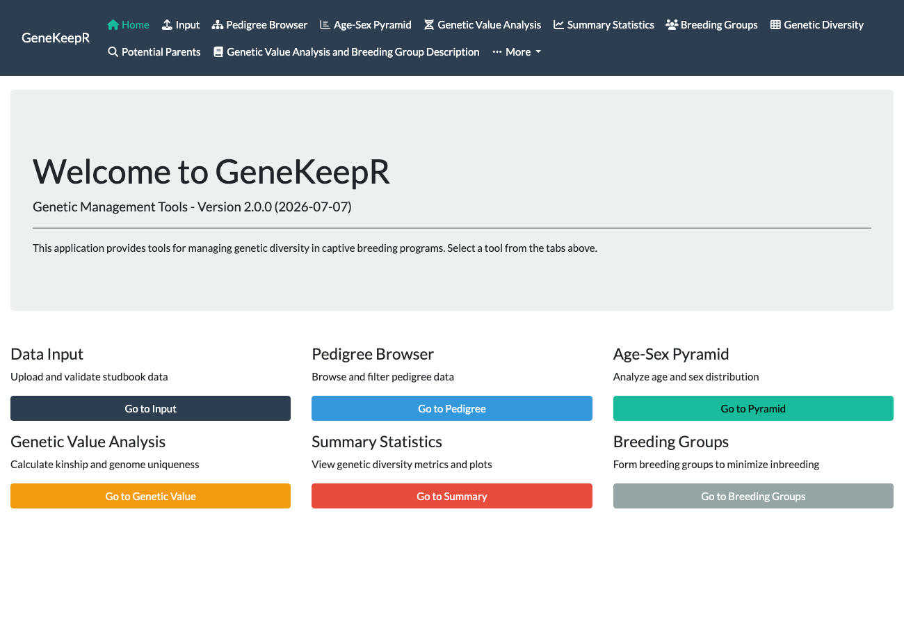 GeneKeepR Home tab showing a welcome panel and six quick-link cards to Input, Pedigree Browser, Age-Sex Pyramid, Genetic Value Analysis, Summary Statistics, and Breeding Groups.