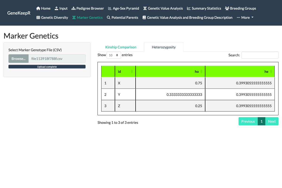 Marker Genetics Heterozygosity tab showing a table with three rows (X, Y, Z) and two columns, ho and he, with per-animal observed heterozygosity values and the same population-wide expected heterozygosity value repeated on every row.