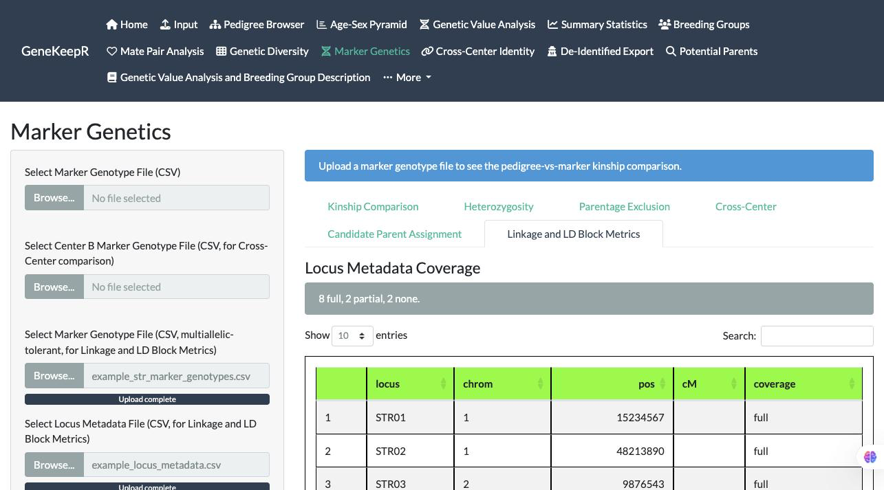 Marker Genetics Linkage and LD Block Metrics tab showing a coverage summary reading '8 full, 2 partial, 2 none' above a per-locus table with locus, chrom, pos, cM, and coverage columns.
