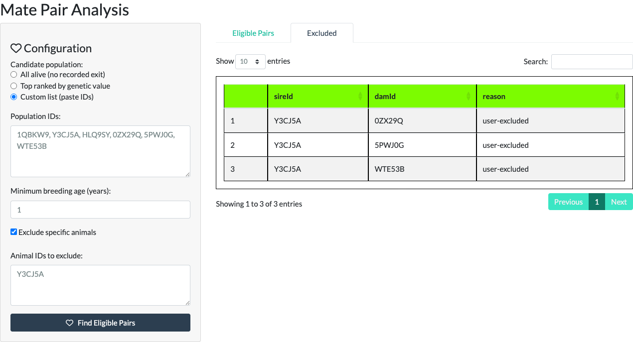 Mate Pair Analysis Excluded tab showing a table with sire ID, dam ID, and a reason column reading either 'under minimum age' or 'user-excluded'.