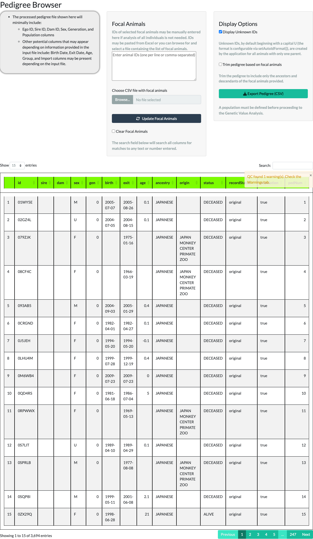 Pedigree Browser table with Display Unknown IDs checked, showing UNKNOWN placeholder IDs.