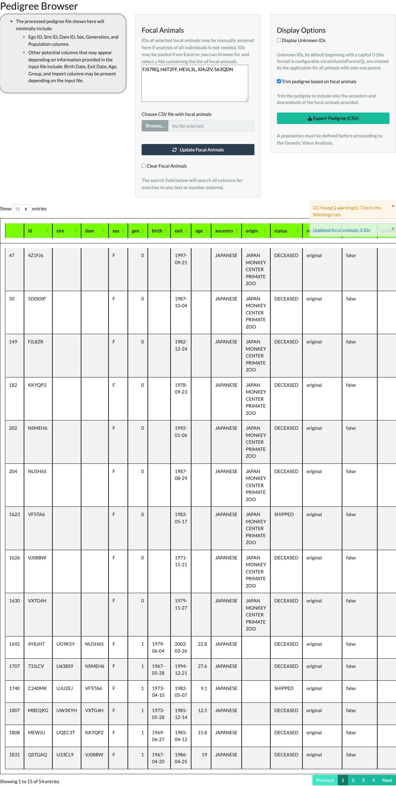 Pedigree Browser table trimmed to 54 animals related to 5 focal animals.