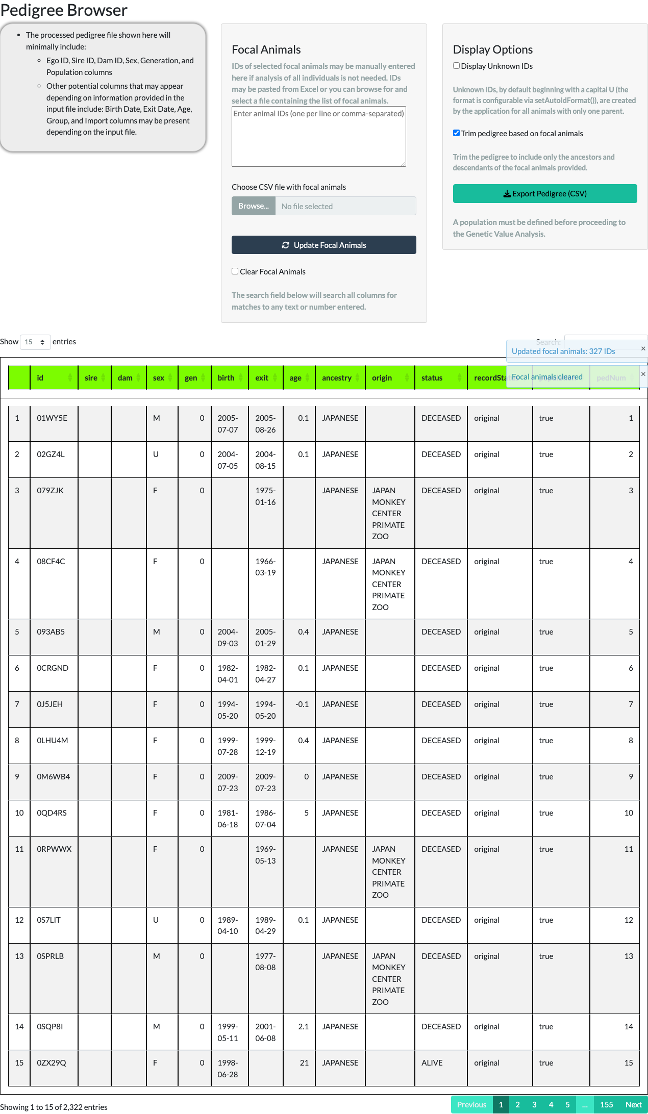 Pedigree Browser after clearing the focal-animal list, showing the full untrimmed pedigree.