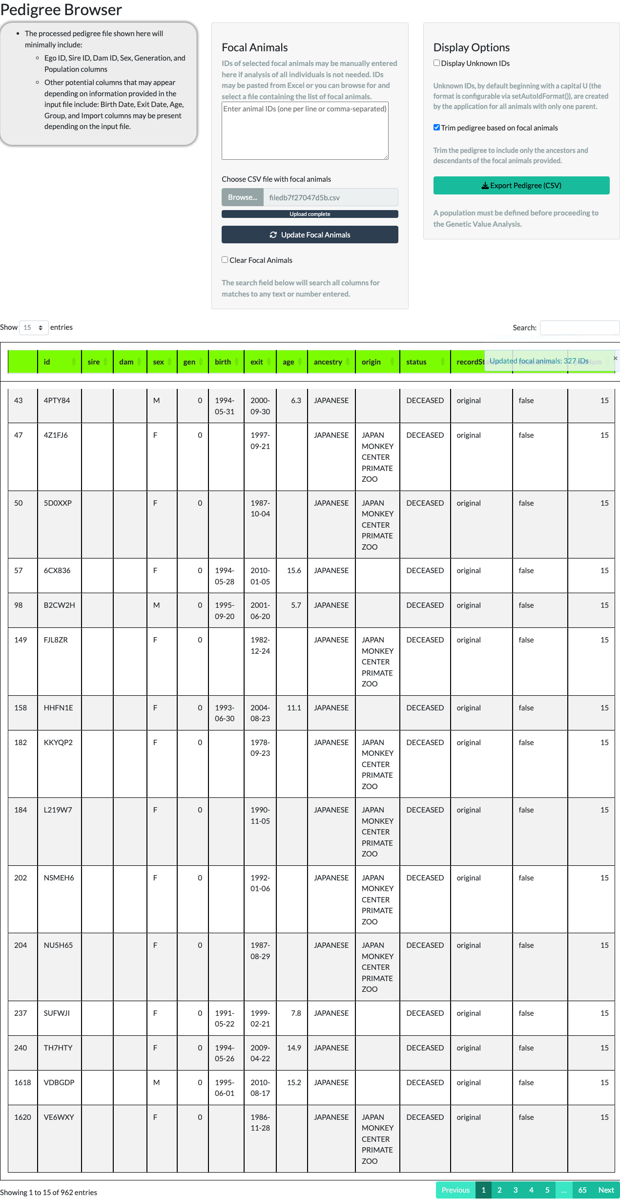 Pedigree Browser before clearing the focal-animal list, still trimmed.