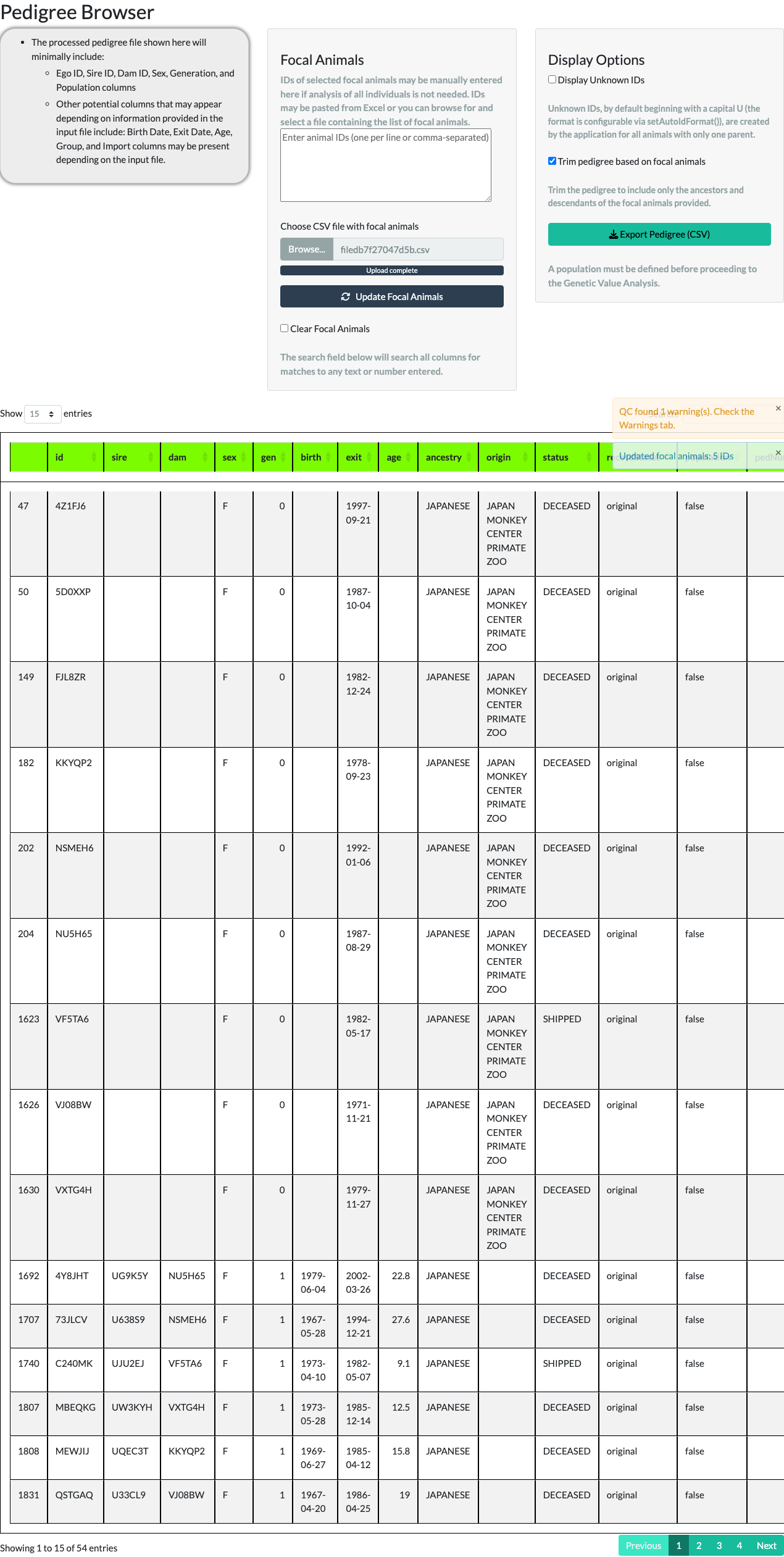 Pedigree Browser with Trim pedigree based on focal animals checked, ready to update.