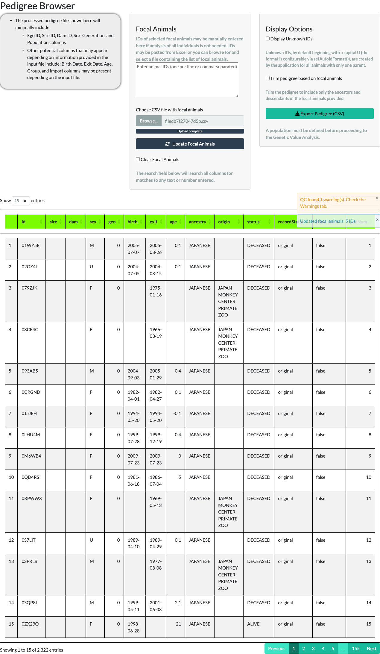Pedigree Browser showing a larger focal-animal CSV file selected for upload.