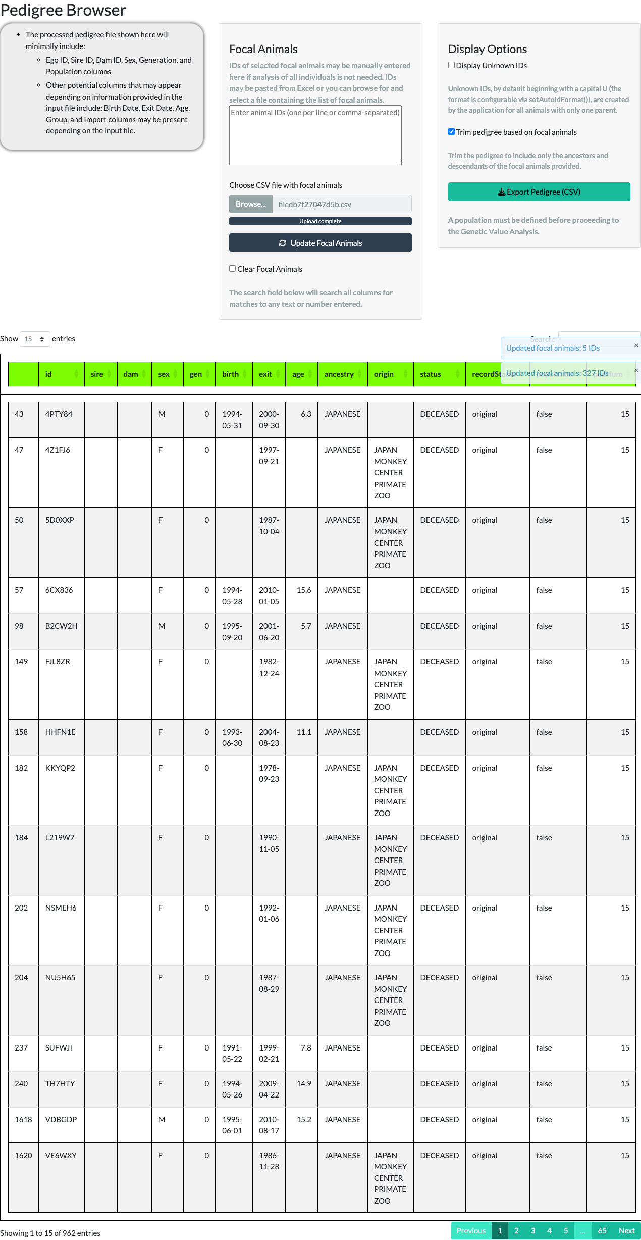 Pedigree Browser table trimmed to 962 animals related to the larger focal-animal list.