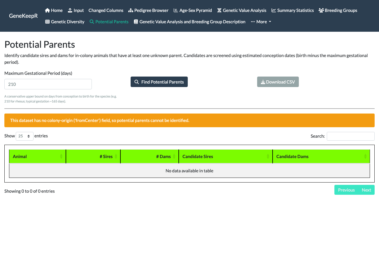Potential Parents tab showing a results table of candidate sires and dams for 1,587 animals with at least one unknown parent.
