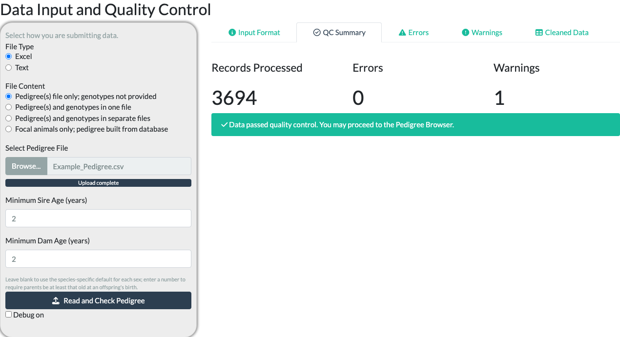 QC Summary sub-tab showing Records Processed 3694, Errors 0, Warnings 1.