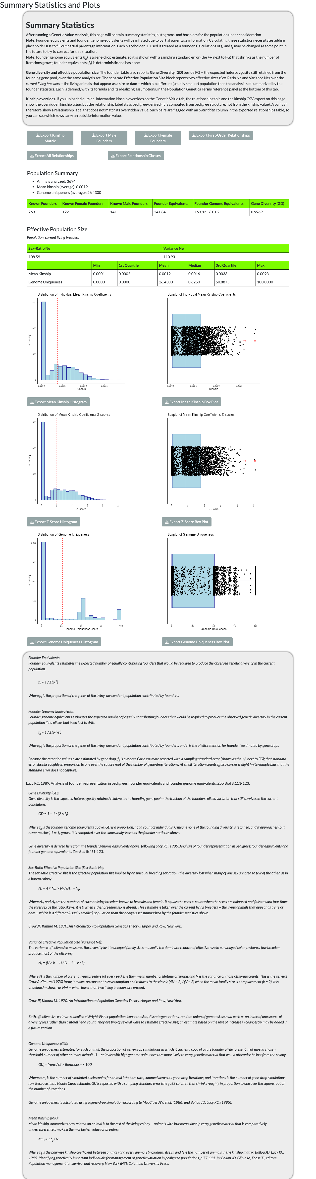 Summary Statistics tab showing the first view of genetic diversity metrics.